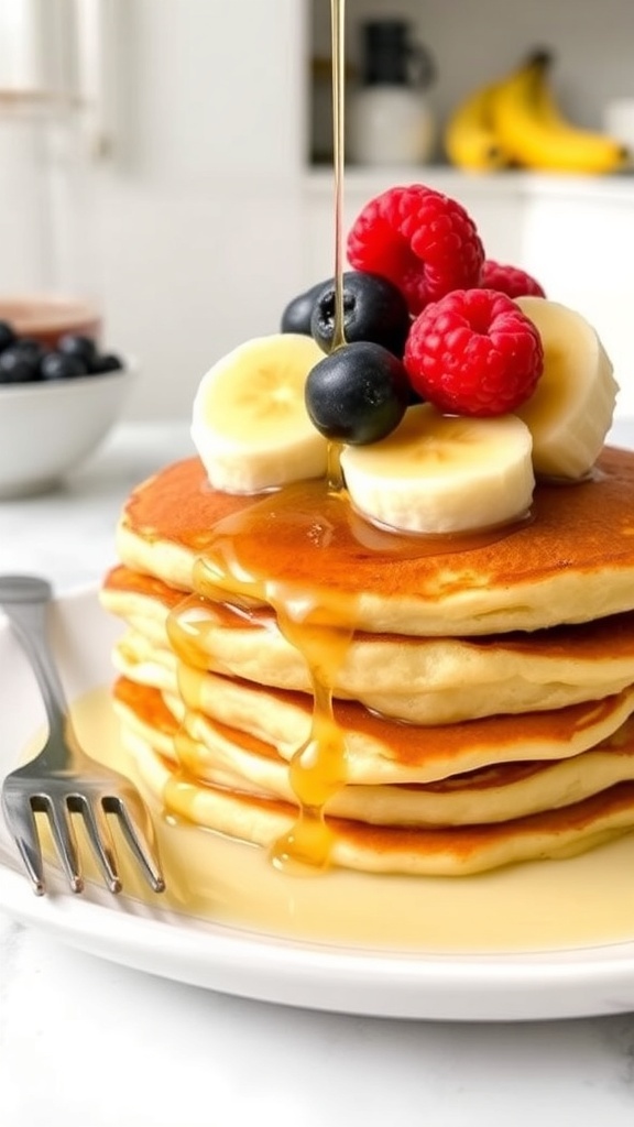 Simple 2-Ingredient Pancakes Recipe Fluffy 2-ingredient pancakes made from bananas and eggs, topped with berries and syrup on a white plate.